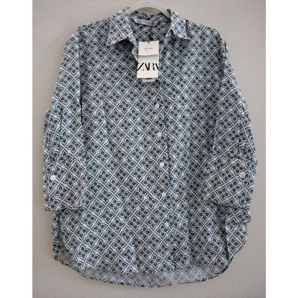 Zara Women Sz XS White/Gray Floral Allover Print Button-Up Long Linen Shirt - Picture 1 of 9